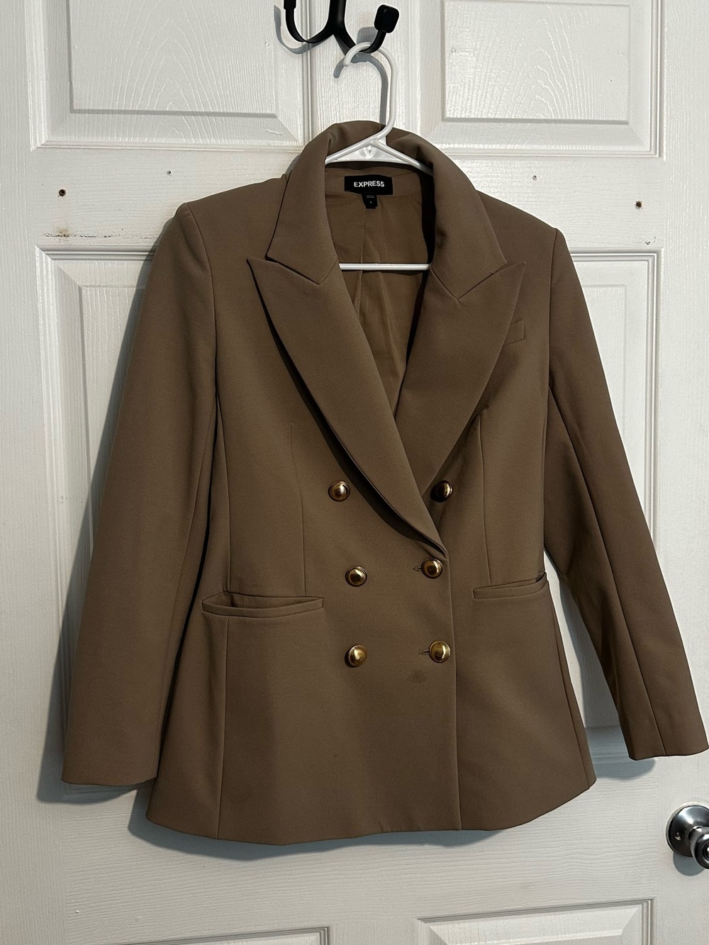 Express Double-Breasted Blazer Jacket in Olive Brown with Gold Buttons